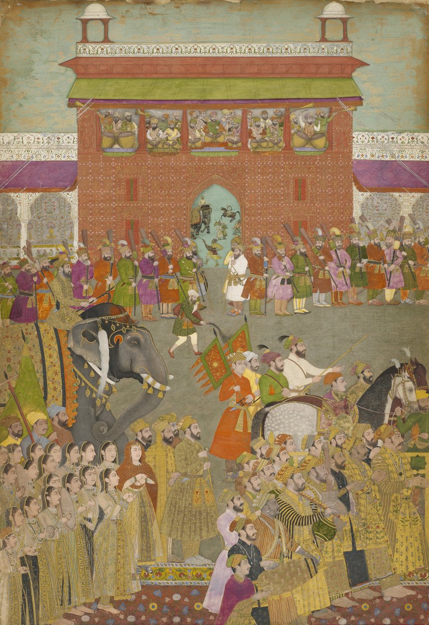 Uma cena de procissão com músicos, de uma cópia do período Padshanama, Mughal, meados do século XVII de Mughal School