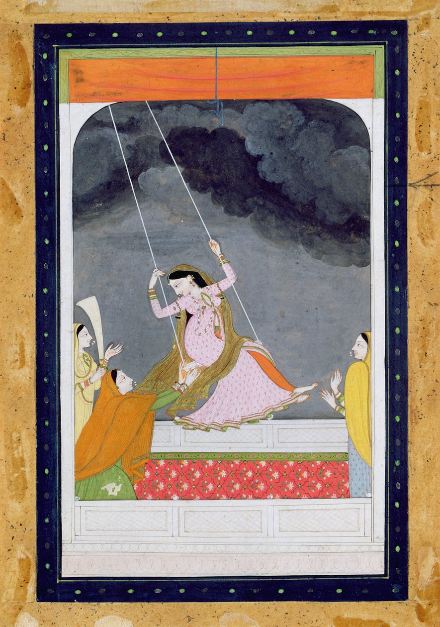 Uma senhora em um balanço, Kangra, colinas de Punjab c.1790 (wc opaca no papel) de Mughal School