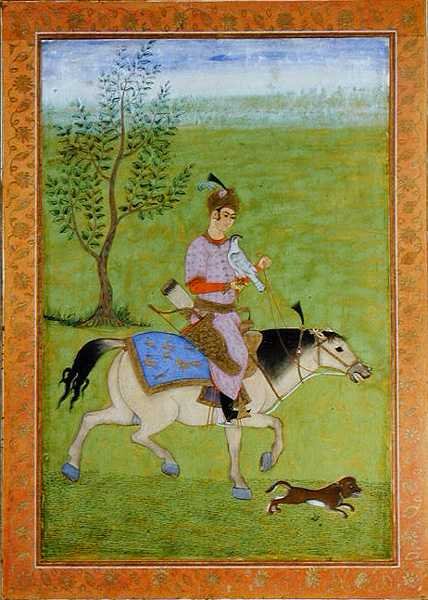 Um príncipe a gavião a cavalo, do Grande Álbum Clive (aguarela sobre papel) de Mughal School