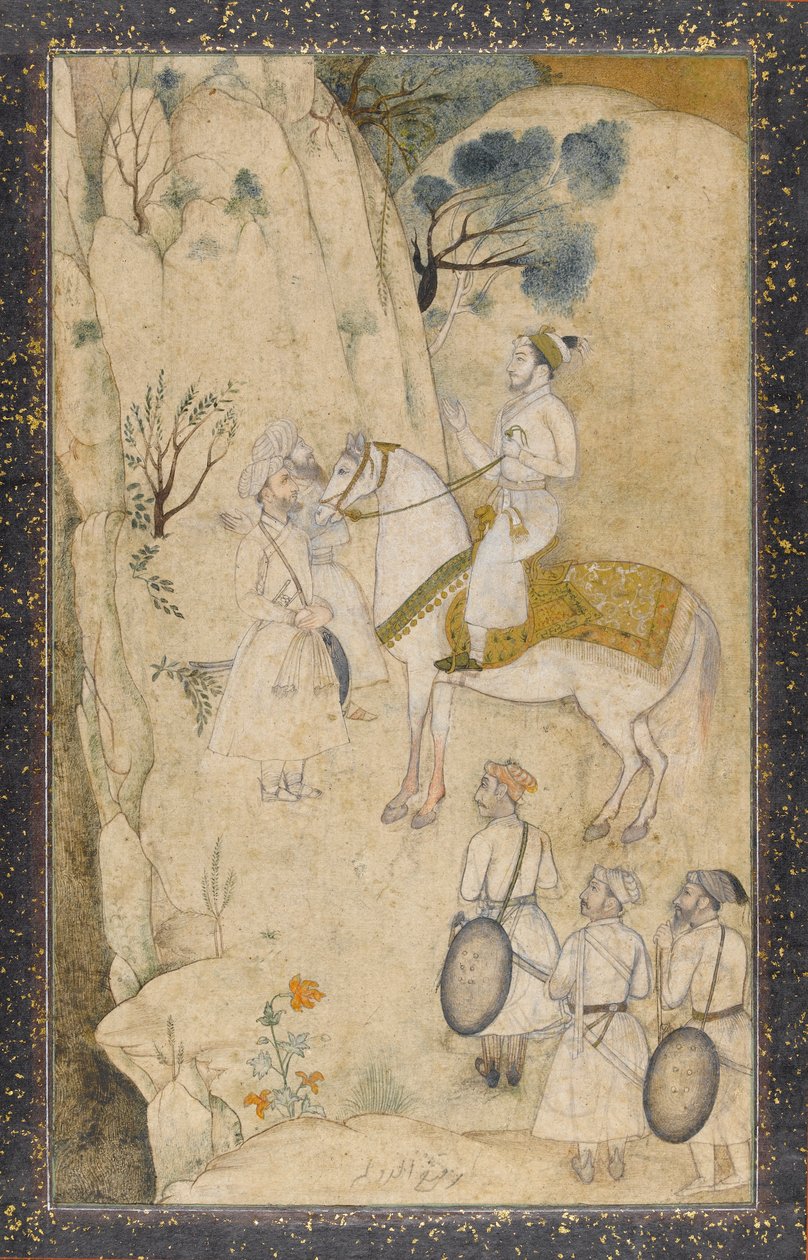 Um príncipe a cavalo, com cinco atendentes, em relação a uma cachoeira (wc com caneta e tinta, grafite e ouro sobre papel) de Mughal School