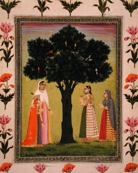 Uma princesa com seu filho conhece duas damas que oferecem presentes, do Pequeno Clive Album (aquarela opaca sobre papel) de Mughal School