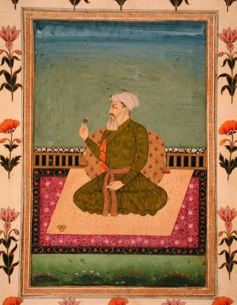 Uma régua sentada num tapete ou terraço, segurando uma flor, do Pequeno Clive Album (aguarela opaca sobre papel) de Mughal School