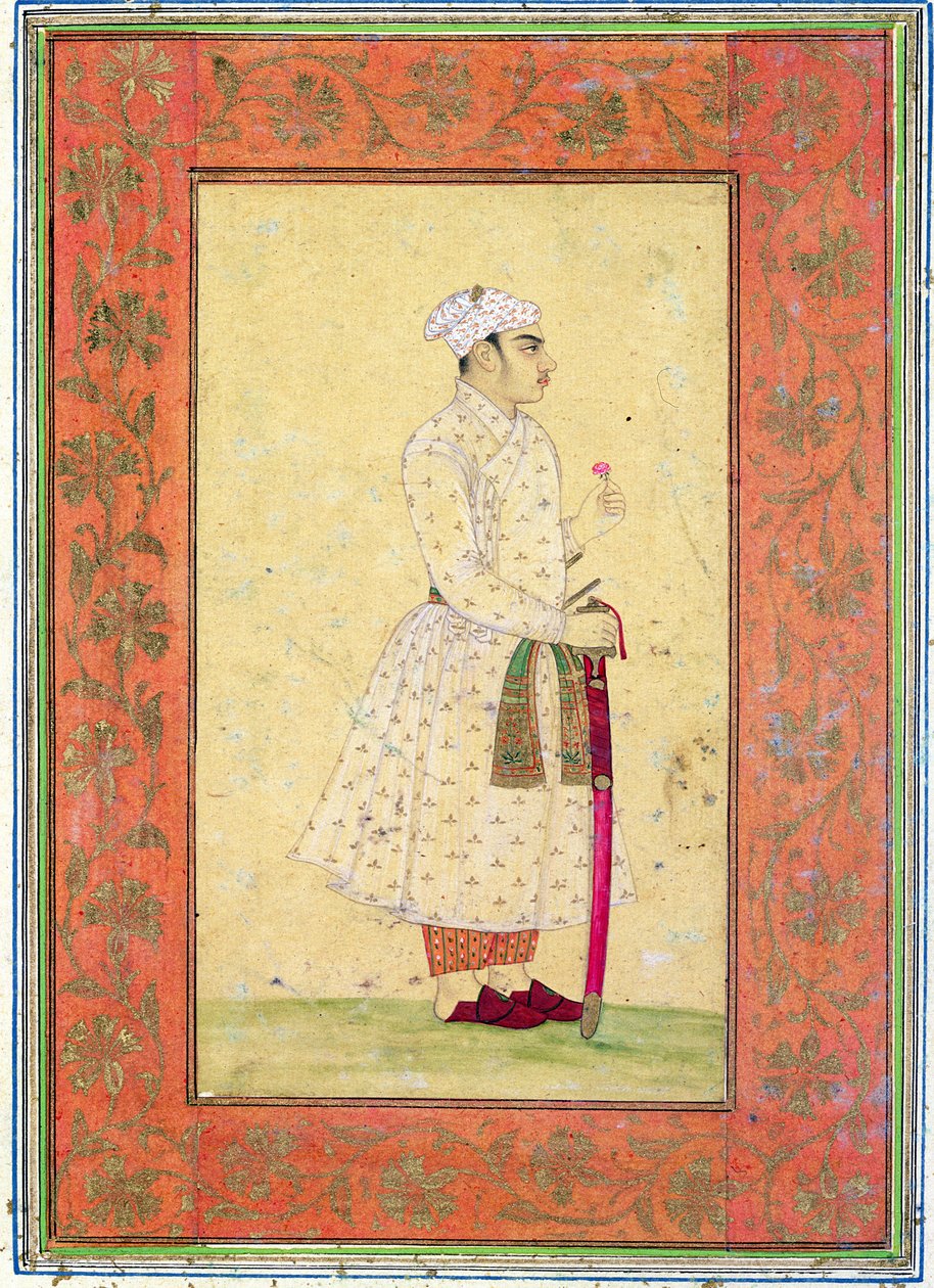Um jovem nobre da corte de Mughal, do álbum Large Clive (desenho colorido com wc no papel) de Mughal School