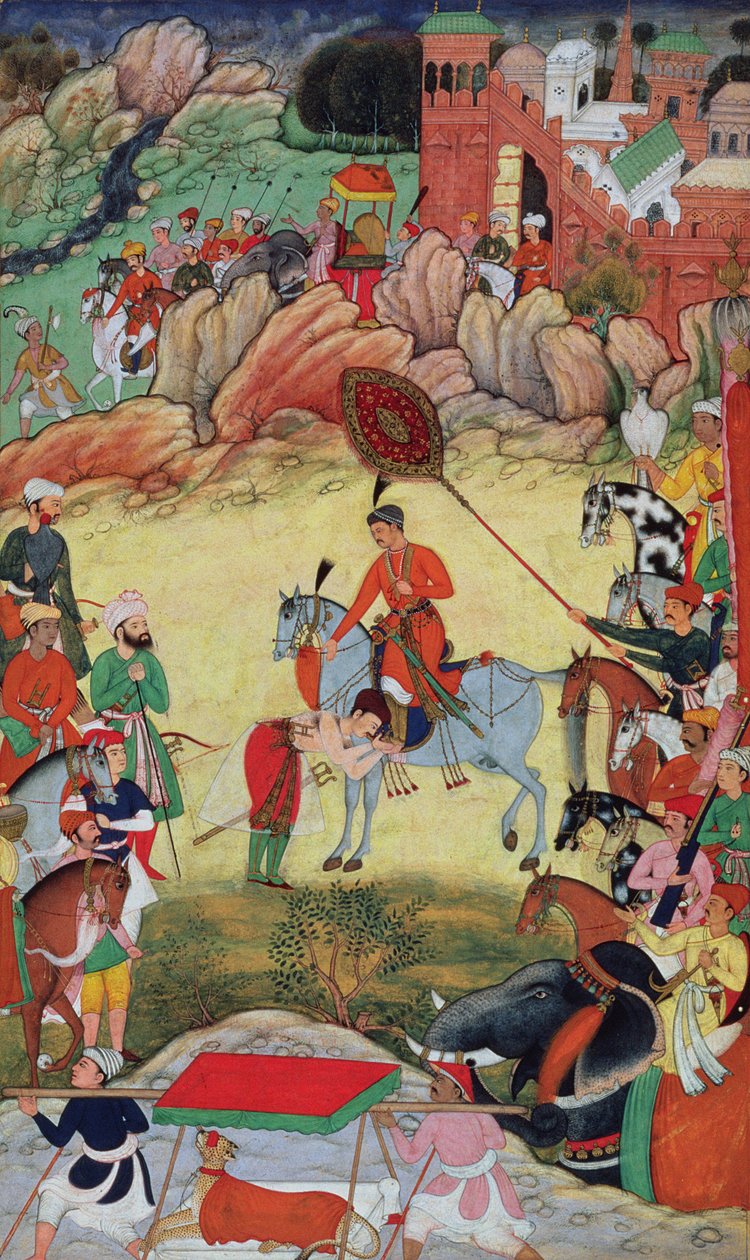 Adham Khan prestando homenagem a Akbar em Sarangpur, na Índia Central, em 1560 ou 1561, do Akbarnama, 1590-98 de Mughal School