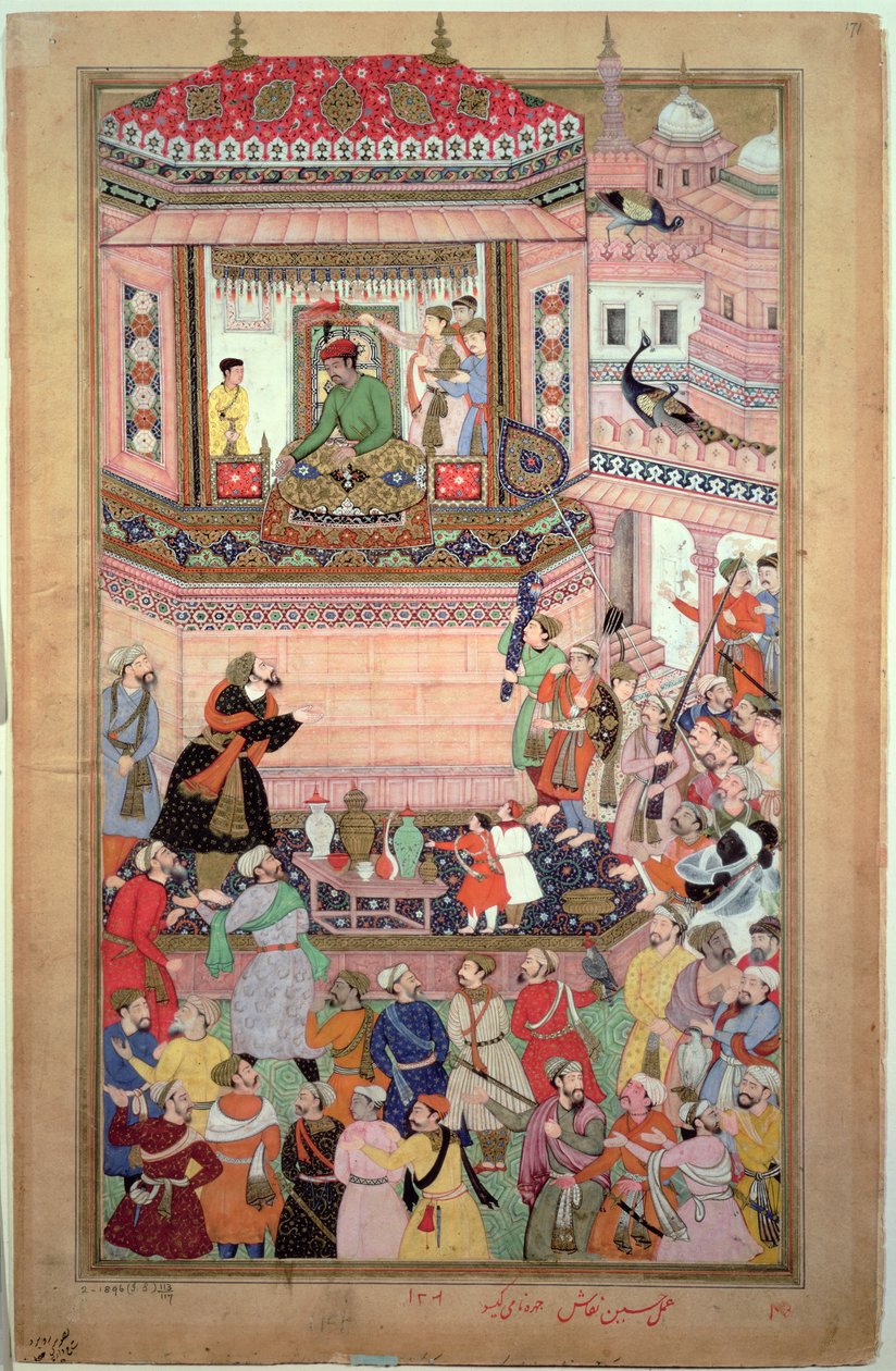 Akbar numa audiência, de Husays Naggash e Kesu, do "Akbarnama", Mughal, c.1590 de Mughal School
