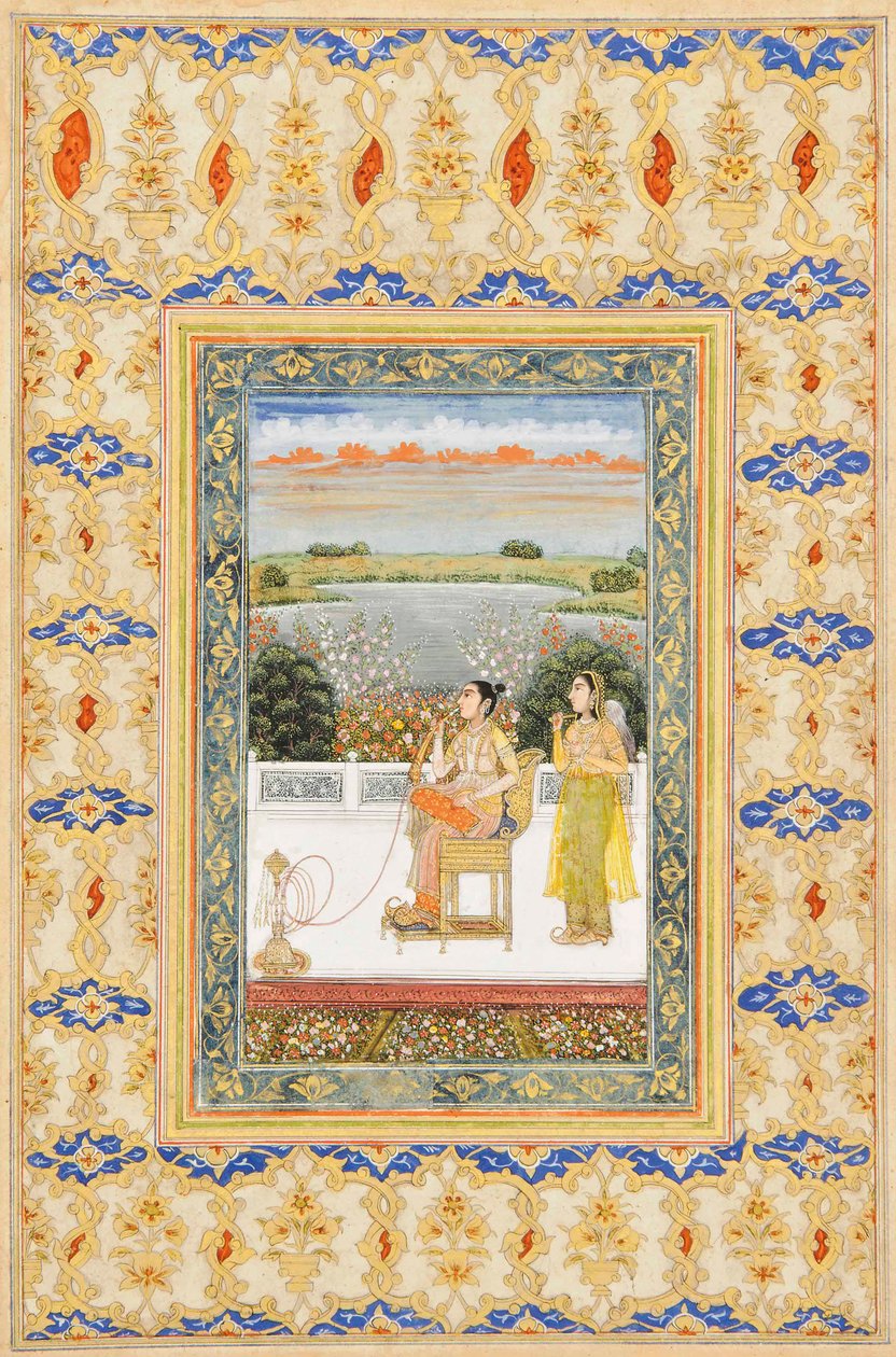 Página do álbum: Gulbadan Begum fumando em um terraço, Delhi, c.1800 de Mughal School