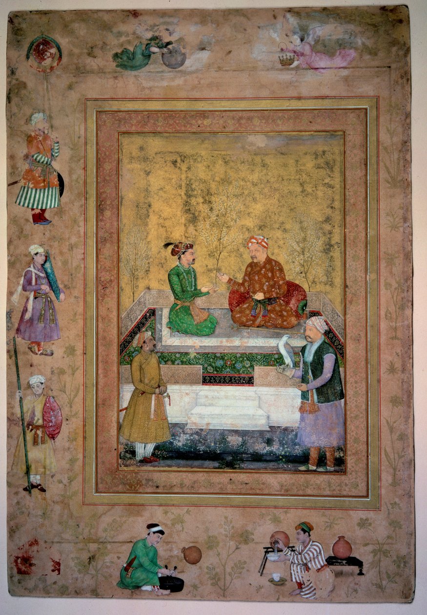 Arte Índia: Akbar (1542-1605) e seu filho Jahangir (1569-1627). Gouache sobre papel 0,213 x 0,141m. Escola Mongólia de Mughal School