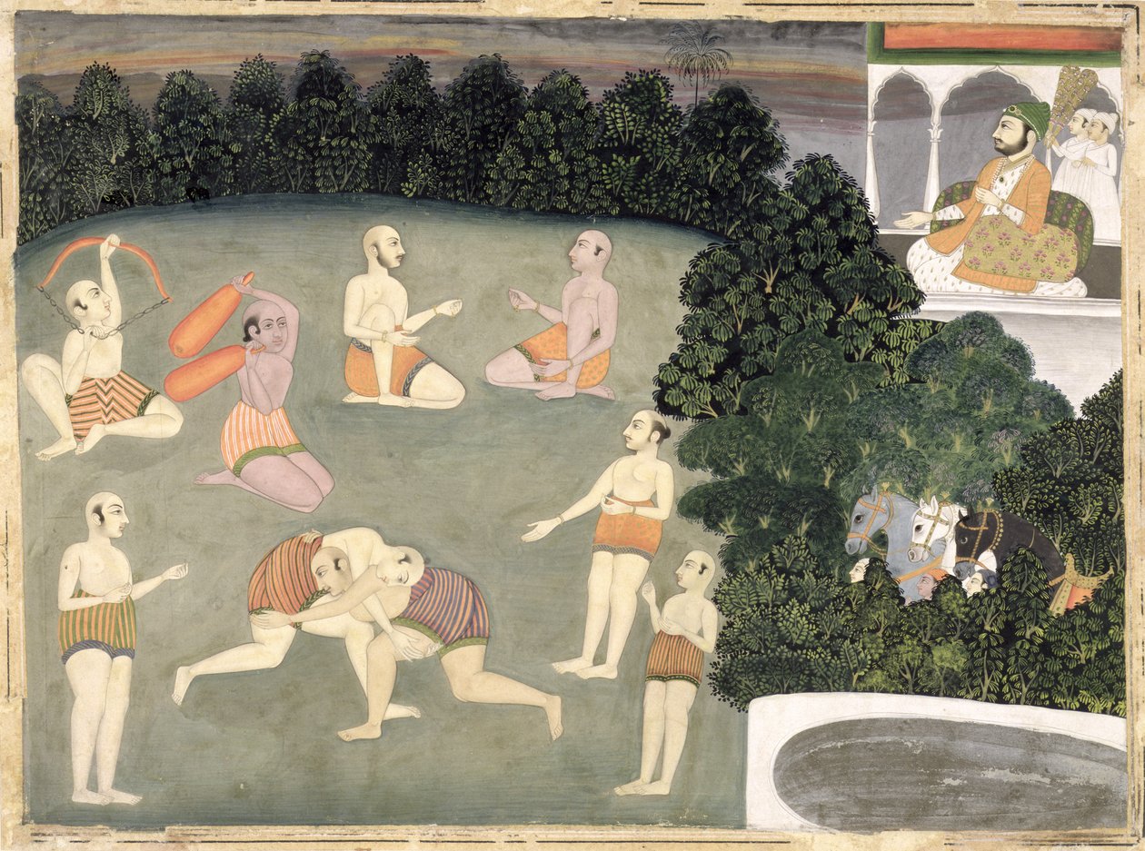 Atletas realizam antes de um nobre sentado, c.1760 (wc opaca no papel) de Mughal School
