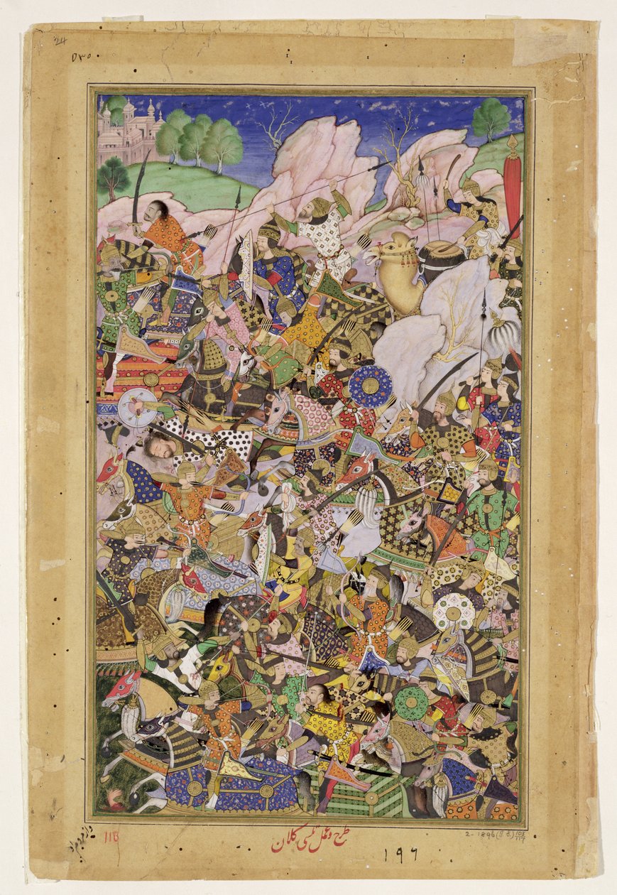 Batalha de Bundi, do Akbarnama, c.1590 de Mughal School