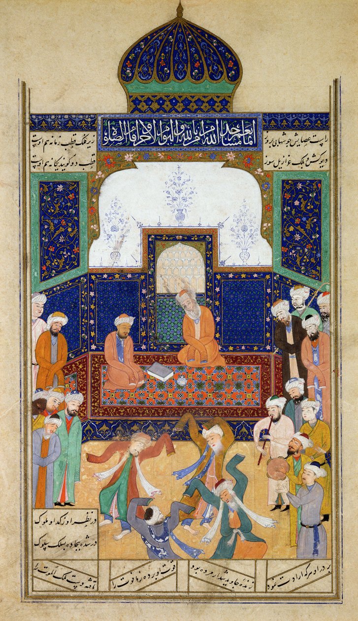 Dervishes Dançando à Música Antes de seu Shaik e um Discípulo, do Khamsah do Príncipe Khusrau, Matla al-Anvar, 1485 (890 Hijra) de Mughal School
