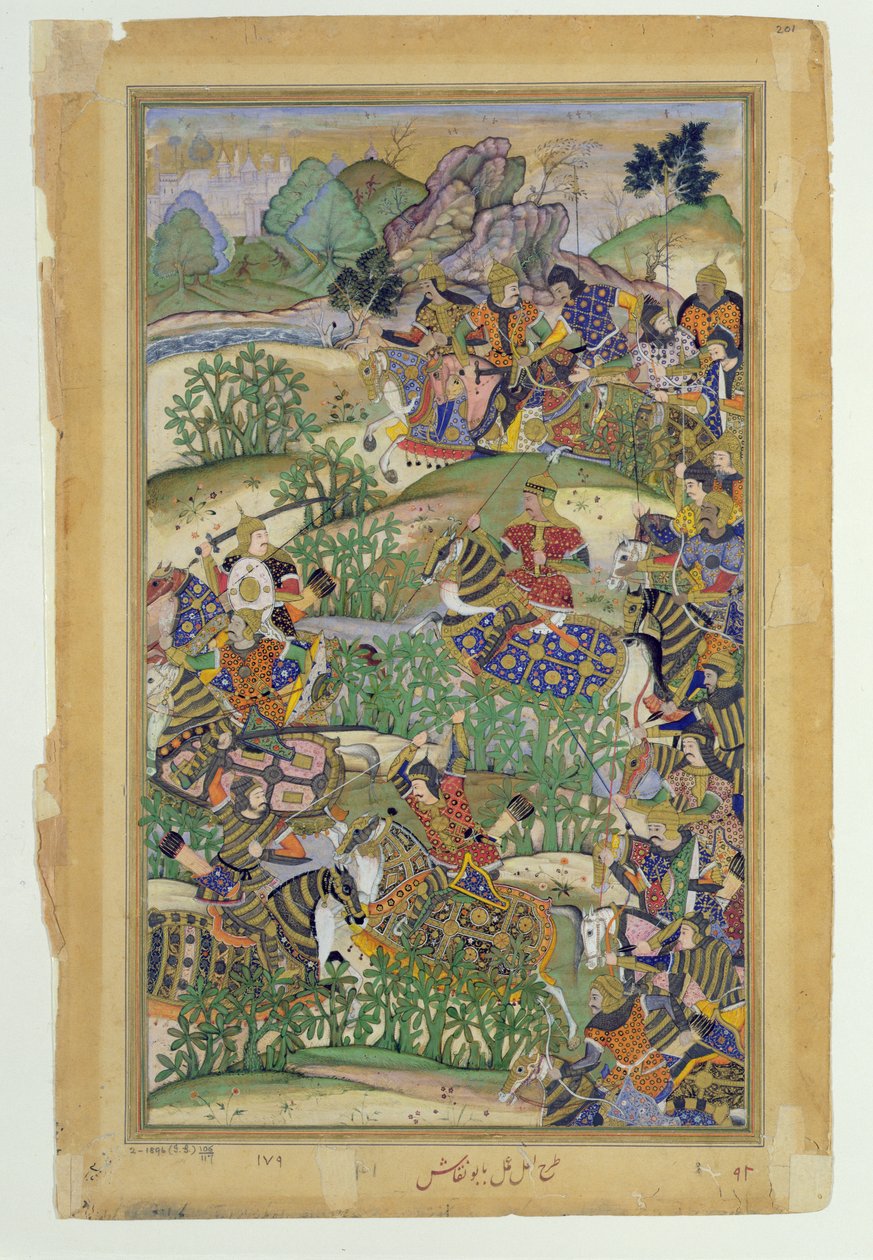 Imperador Akbar (r.1556-1605) na batalha de Samal em 1572, do Akbarnama feita por Abul Fazi, 1590-98 (wc opaca e ouro no papel) de Mughal School