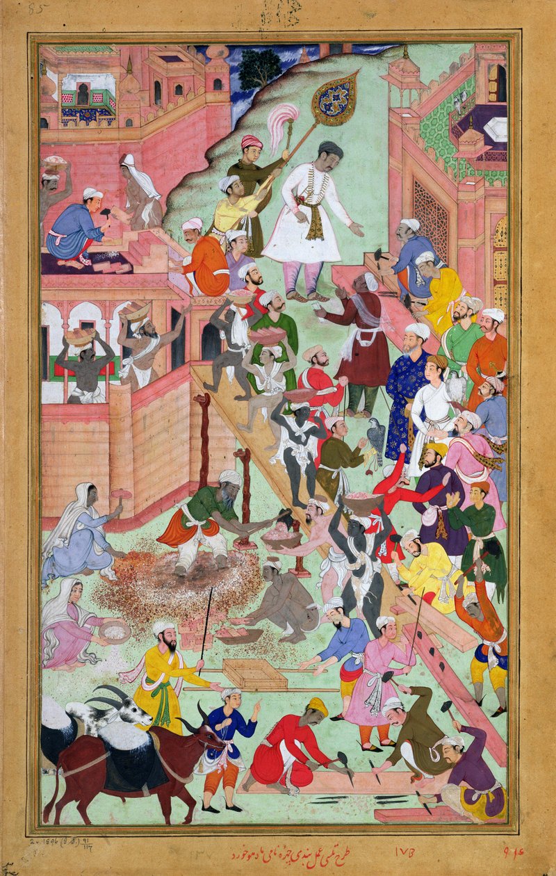 Imperador Akbar (r.1556-1605) inspecionando a obra em Fatepur Sikri, cidade concluída em 1584, do Akbarnama, 1590-98 (wc opaco e ouro sobre papel) de Mughal School