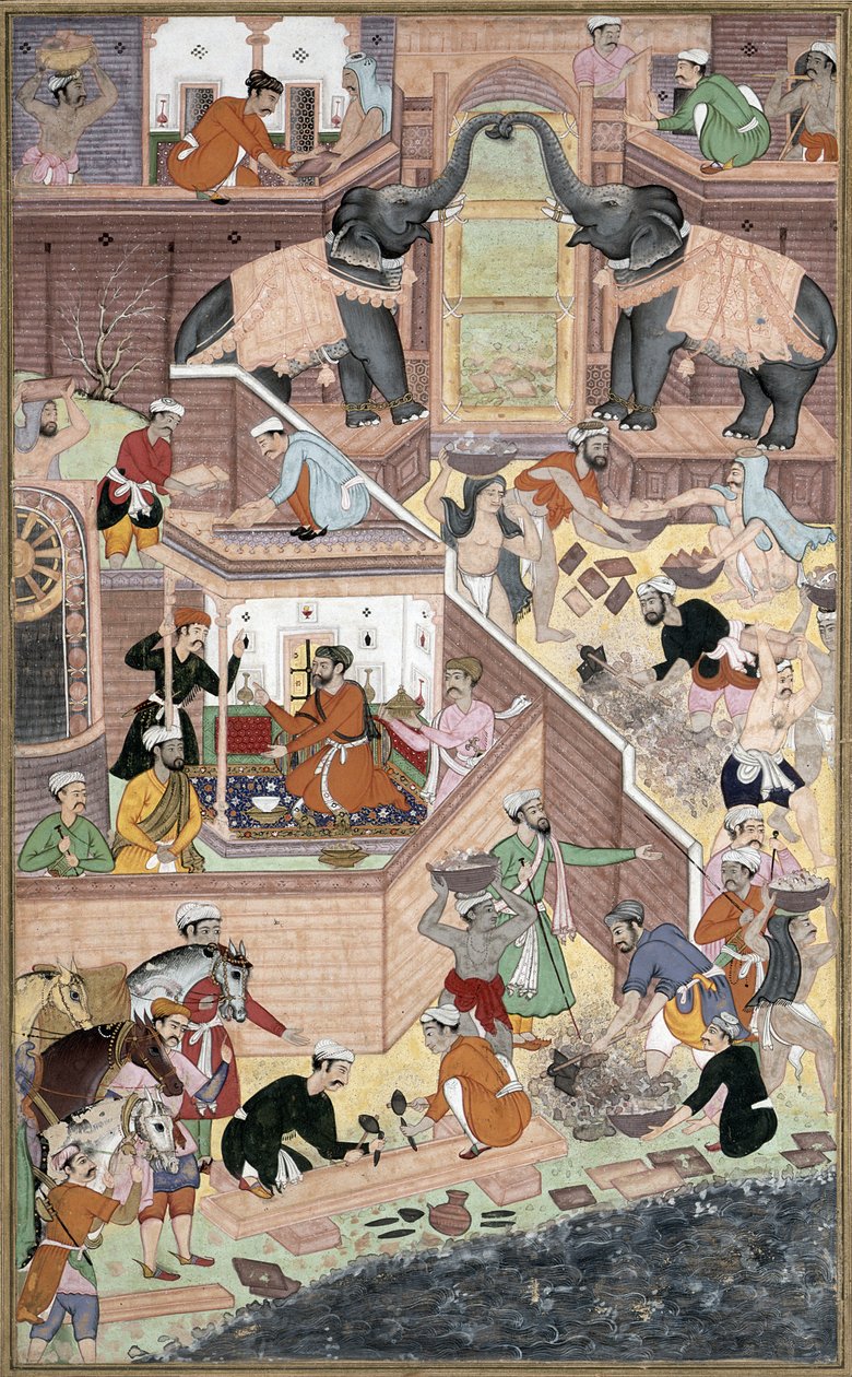 Imperador Akbar (r.1556-1605) inspecionando o trabalho de construção em Fatepur Sikri, do Akbarnama feito por Abul Fazi, 1590-98 (wc opaco e ouro no papel) de Mughal School