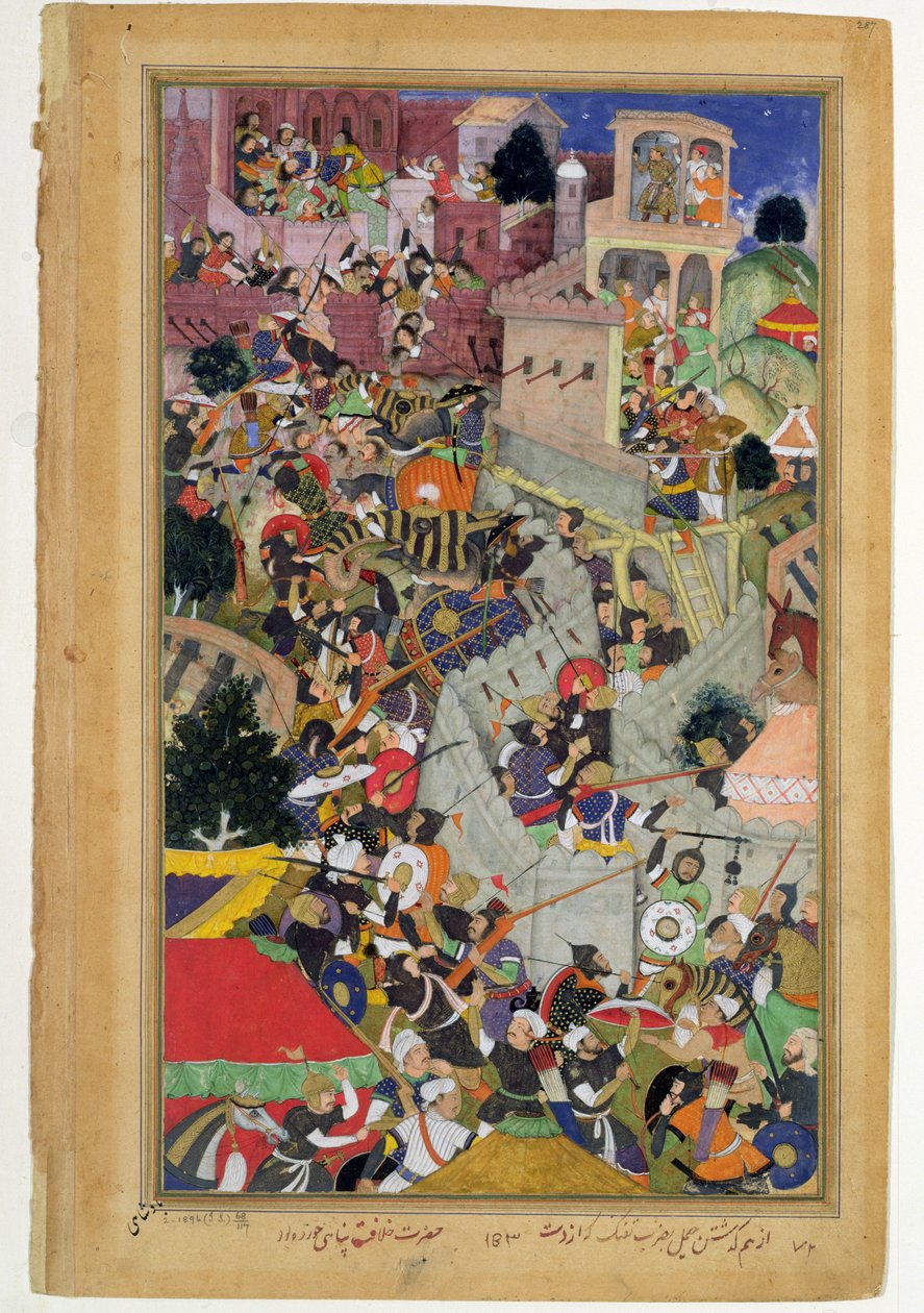 Imperador Akbar (r.1556-1605) dispara Saimal no cerco de Chitov em 1567, do Akbarnama feito por Abul Fazi, 1590-98 (wc opaca e ouro no papel) de Mughal School