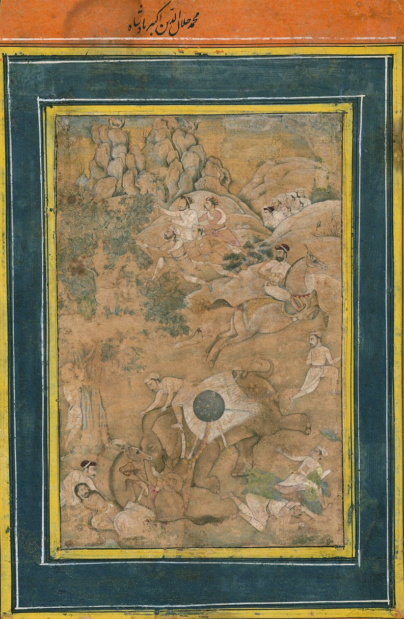 Imperador Akbar controlando um elefante durante uma caçada, início do século 17 (aquarela opaca, tinta dourada e tinta no papel) de Mughal School