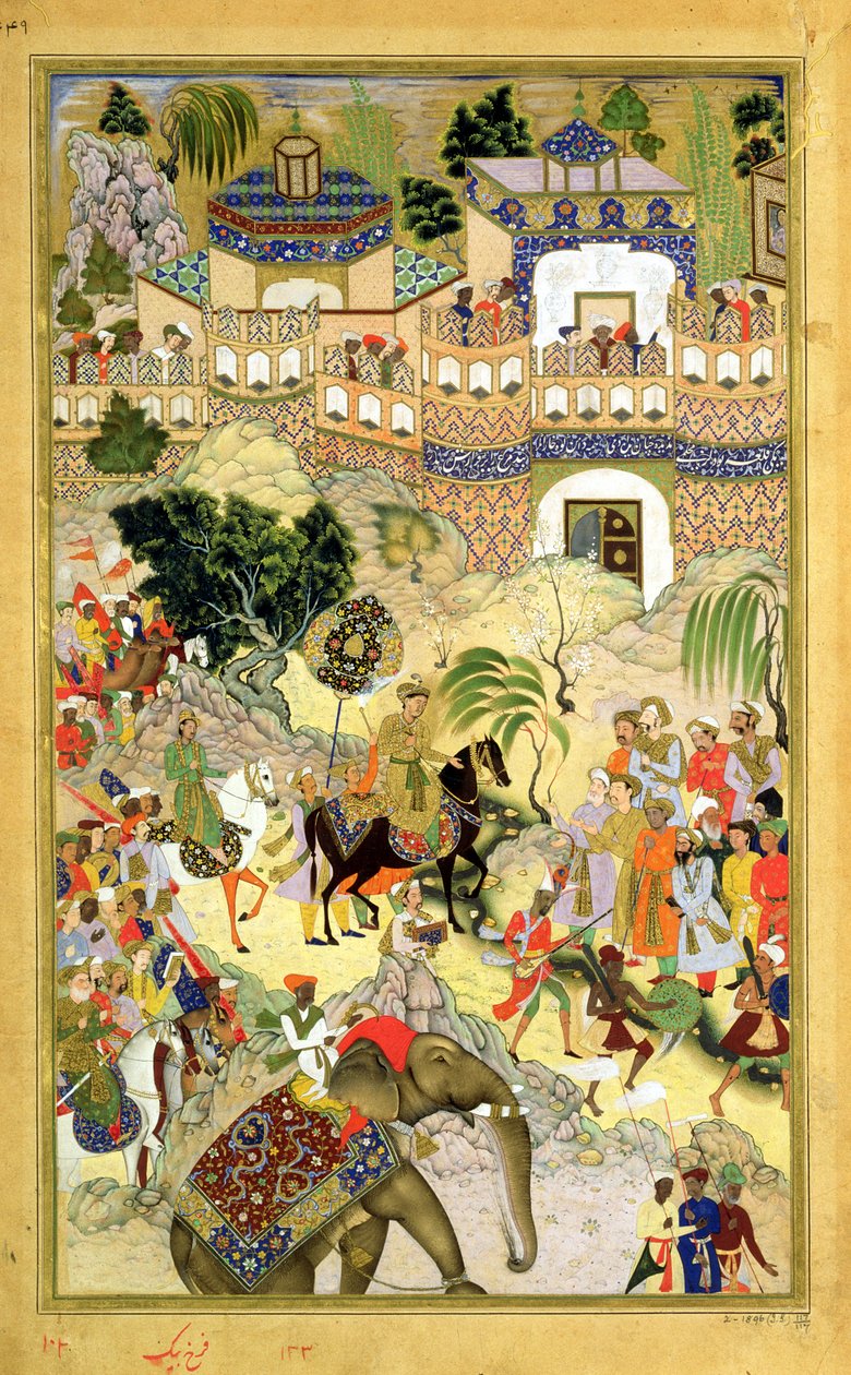 Imperador Akbars entrada triunfante em Surat, do Akbarnama feita por Abul Fazi (1515-1602) 1590-98 (wc opaca e ouro no papel) de Mughal School