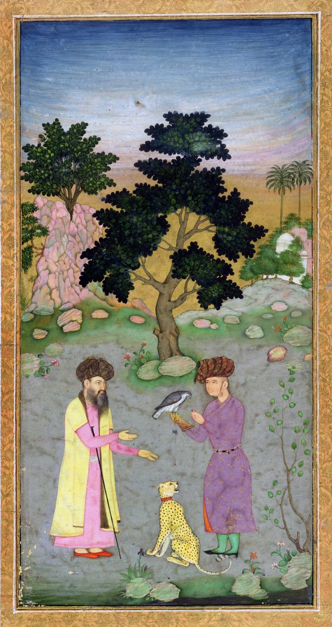 Falconer com companheira e chita de estimação, do Small Clive Album, c.1610-15 (wc opaca no papel) de Mughal School