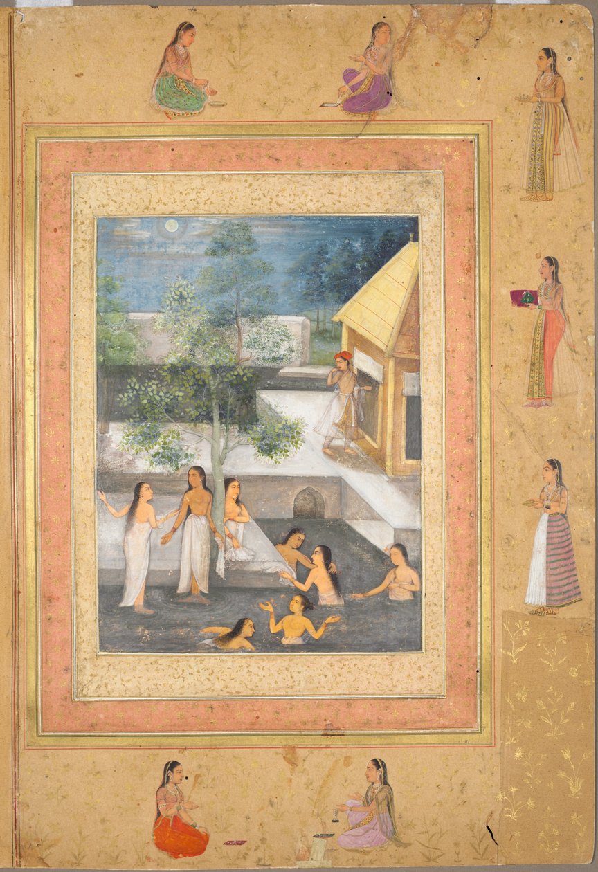 Cena de banho noturno do Harém (reto): caligrafia emoldurada por uma borda ornamental de flores e pássaros (verso), c. 1650 (tinta e cor no papel) de Mughal School