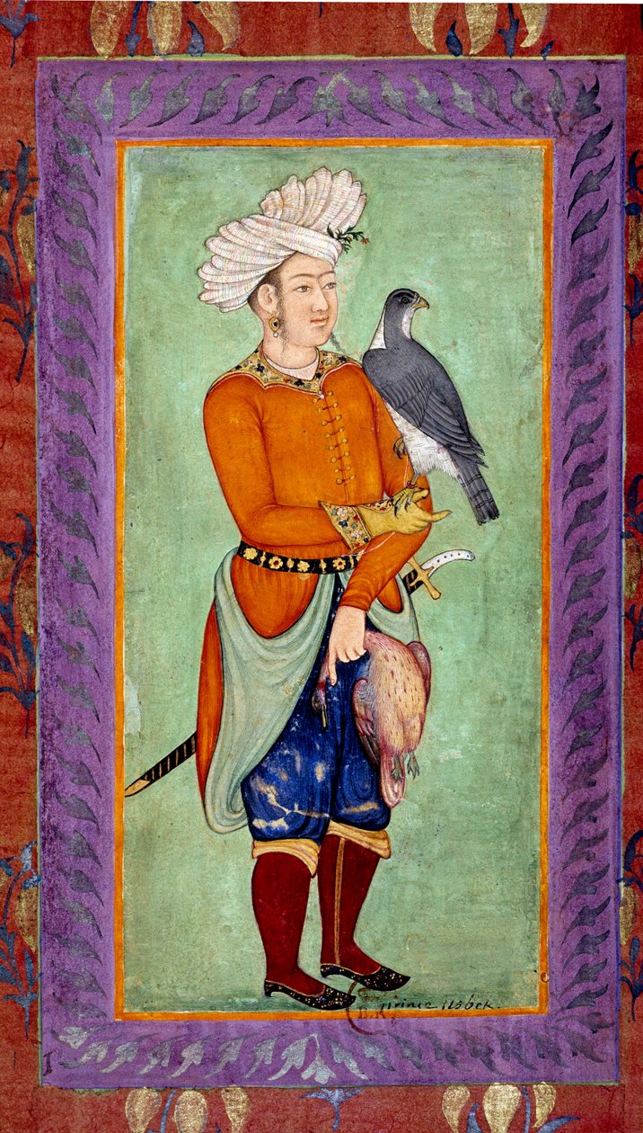 Arte indígena: representação de um príncipe usbeque segurando um falcão para caçar, por outro lado, uma presa morta. Aguarela do período Moghole, de um manuscrito de Mughal School