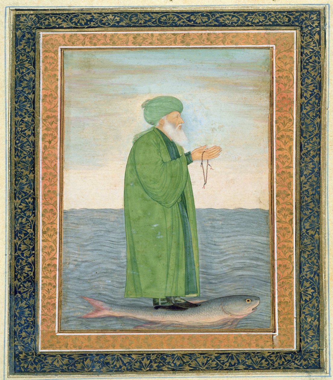 Khawa Khizir Khan montando um peixe, do Small Clive Album (wc opaco no papel) de Mughal School