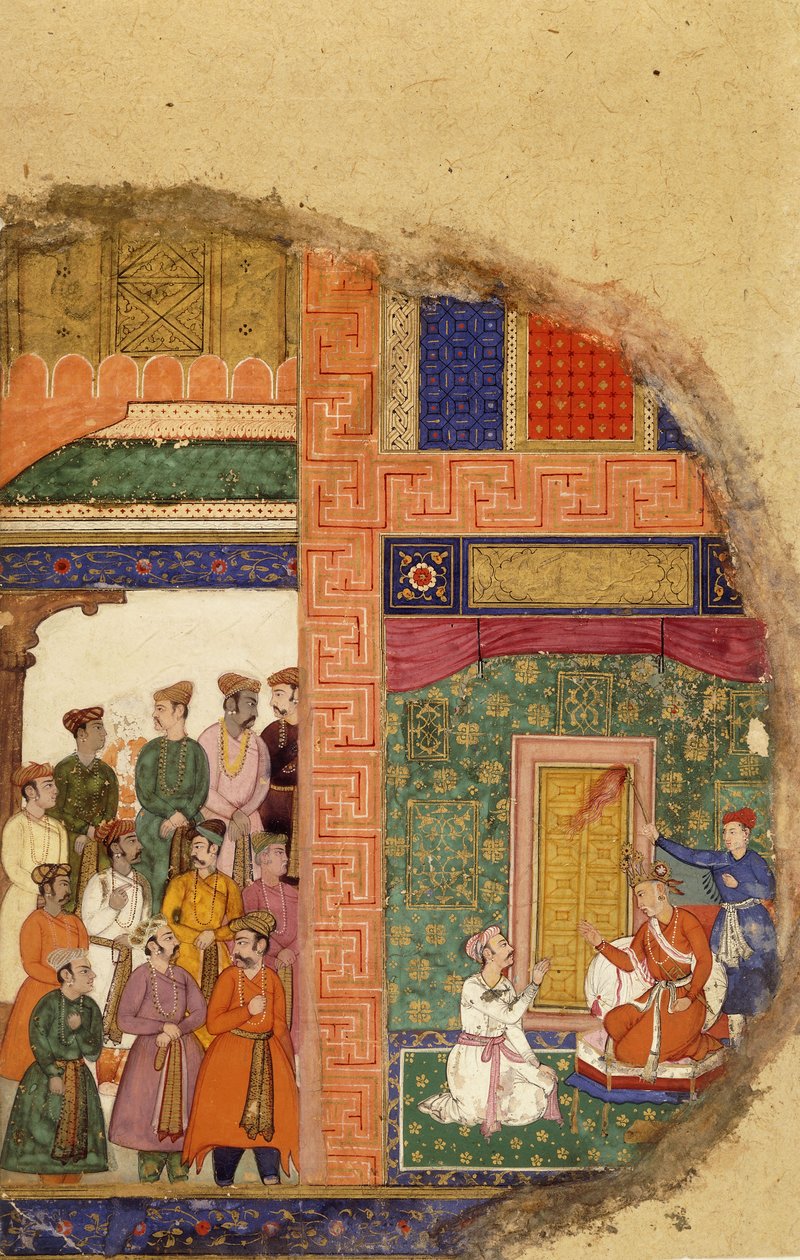 Rei Dasaratha conversando com o padre da família sobre a regência de Rama no interior do palácio, enquanto cortesãos e ministros aguardam no pátio, c.1595 de Mughal School