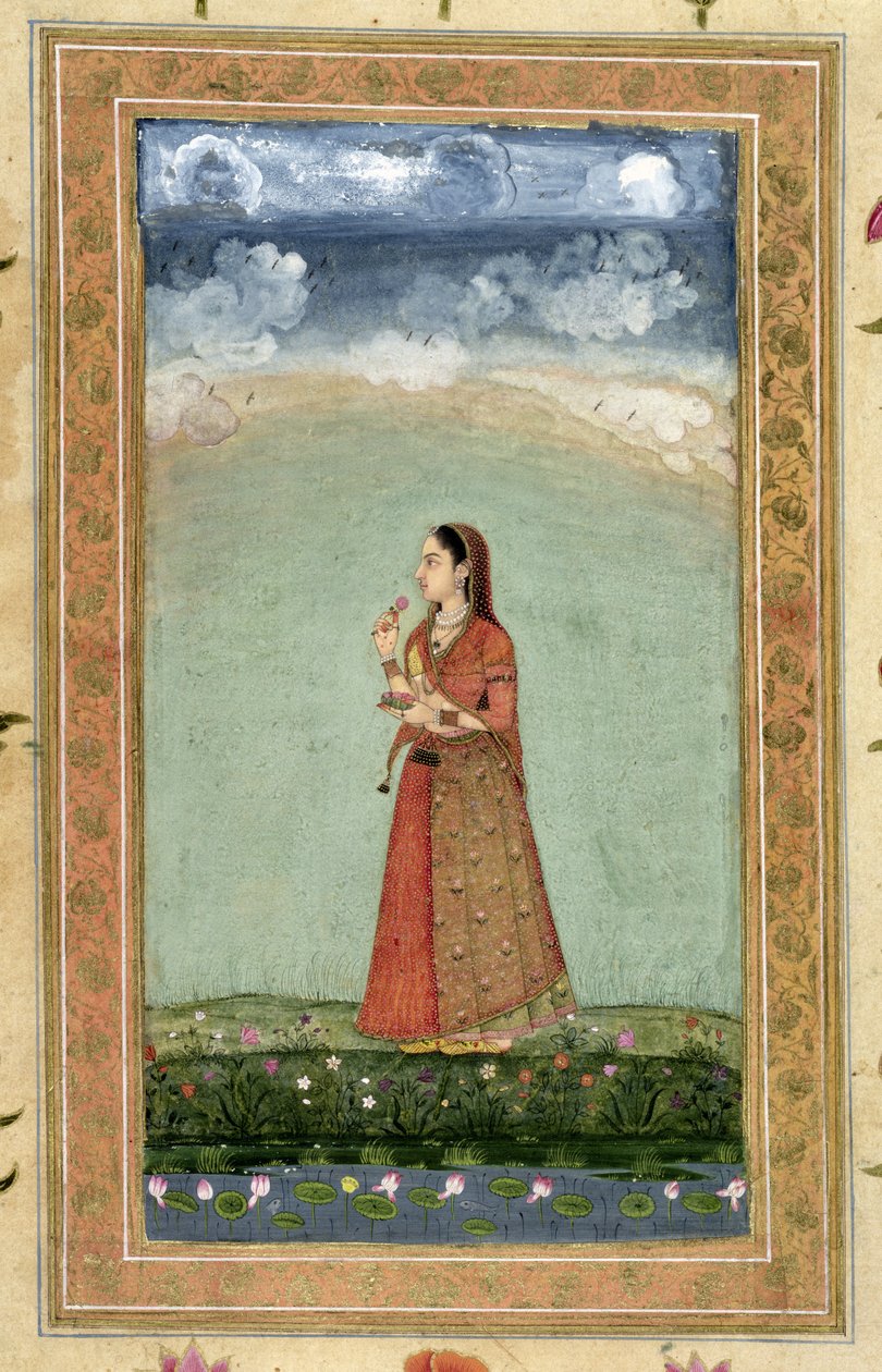 Lady segurando uma taça de rosas, do álbum Small Clive (wc opaco no papel) de Mughal School