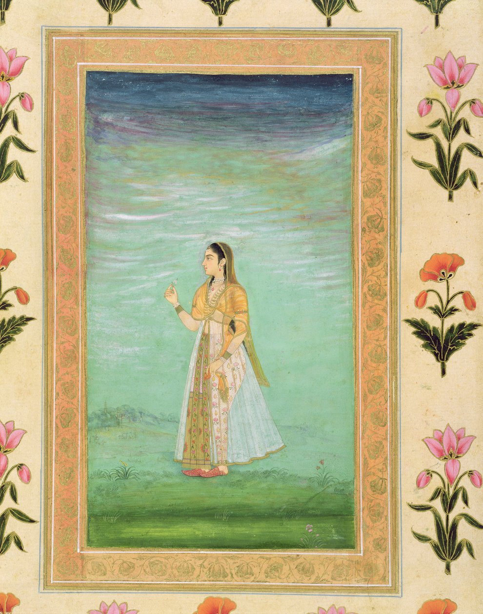 Lady segurando uma flor, do álbum Small Clive (wc opaco no papel) de Mughal School
