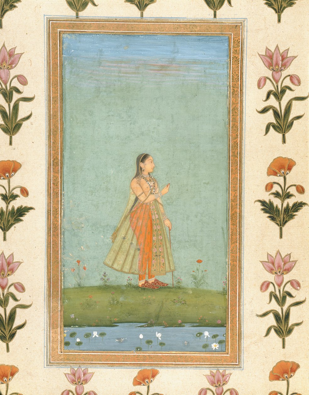 Lady segurando uma flor, em pé por um lago de lírios, do álbum Small Clive (wc opaco no papel) de Mughal School