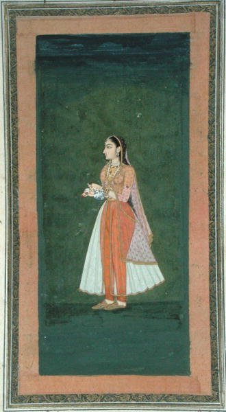 Senhora segurando um frasco e uma taça de vinho, do Pequeno Clive Album (aguarela opaca sobre papel) de Mughal School