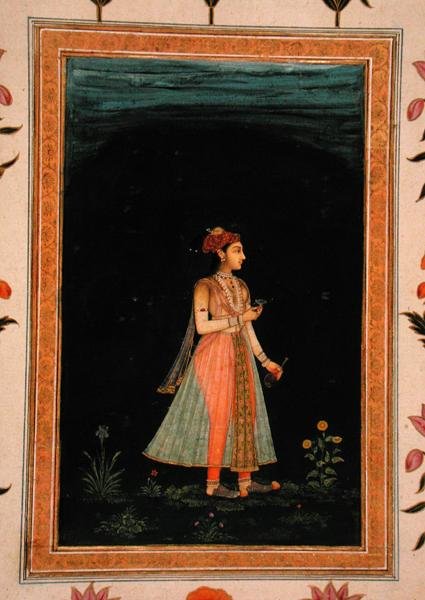 Senhora segurando um frasco de vinho e um copo à noite, do Pequeno Clive Album de Mughal School