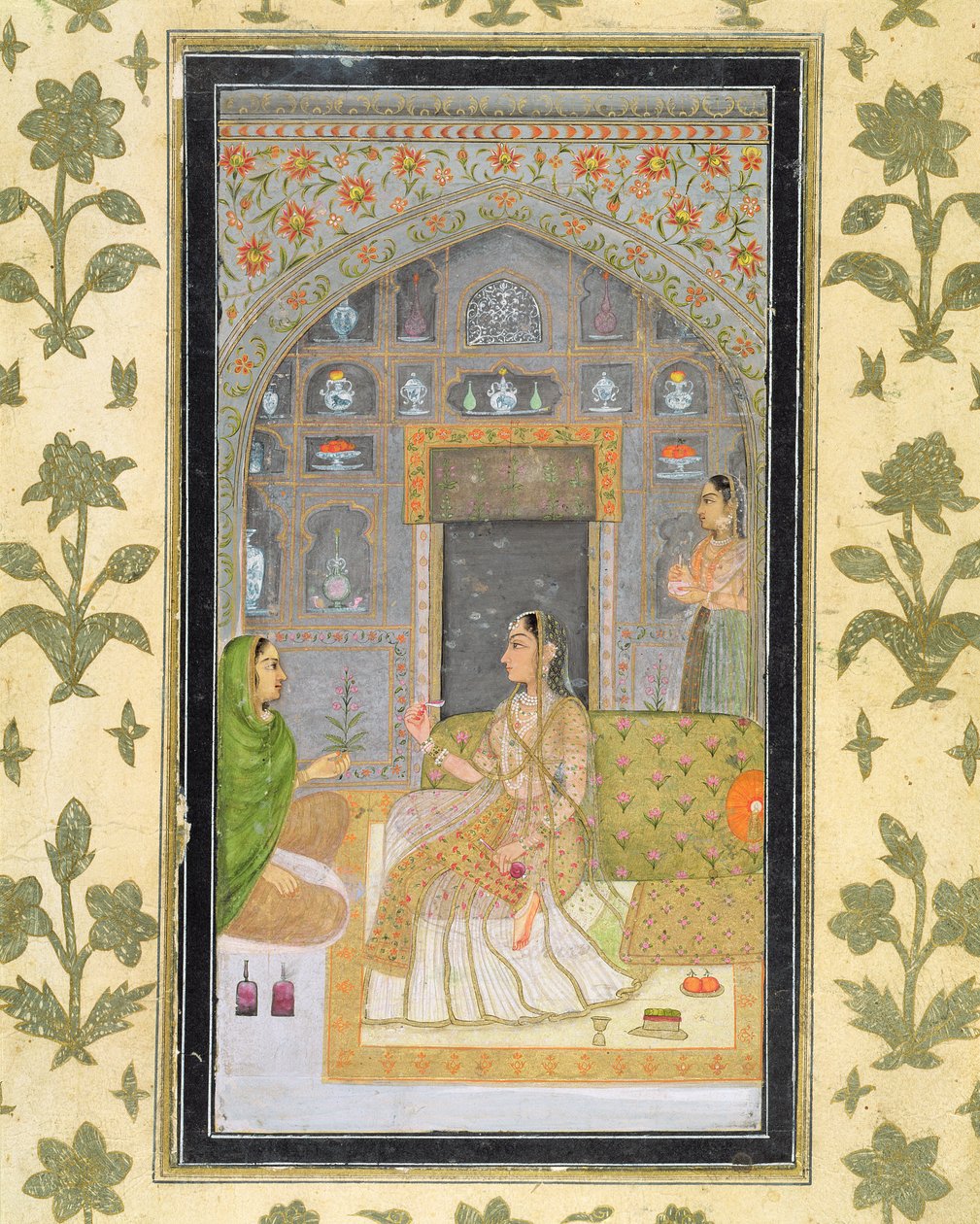 Lady sentada em um pavilhão com atendentes, do Small Clive Album (wc opaco no papel) de Mughal School