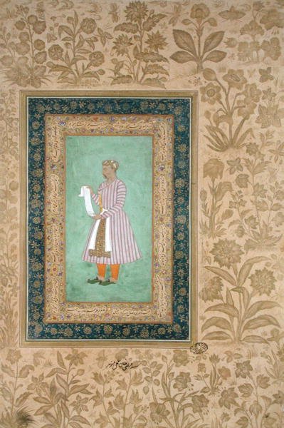 Retrato de Murtaza Khan segurando um pergaminho, c.1610 (guache em pergaminho) de Mughal School