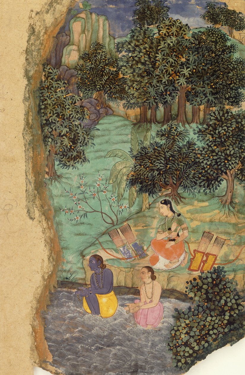 Rama e Lakshmana oferecendo água ao seu pai morto nas margens do rio Mandakini, c.1595 de Mughal School