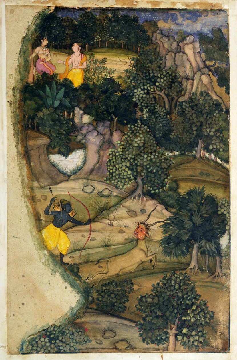 Rama perseguindo o cervo dourado, do Ramayana, 1600 de Mughal School