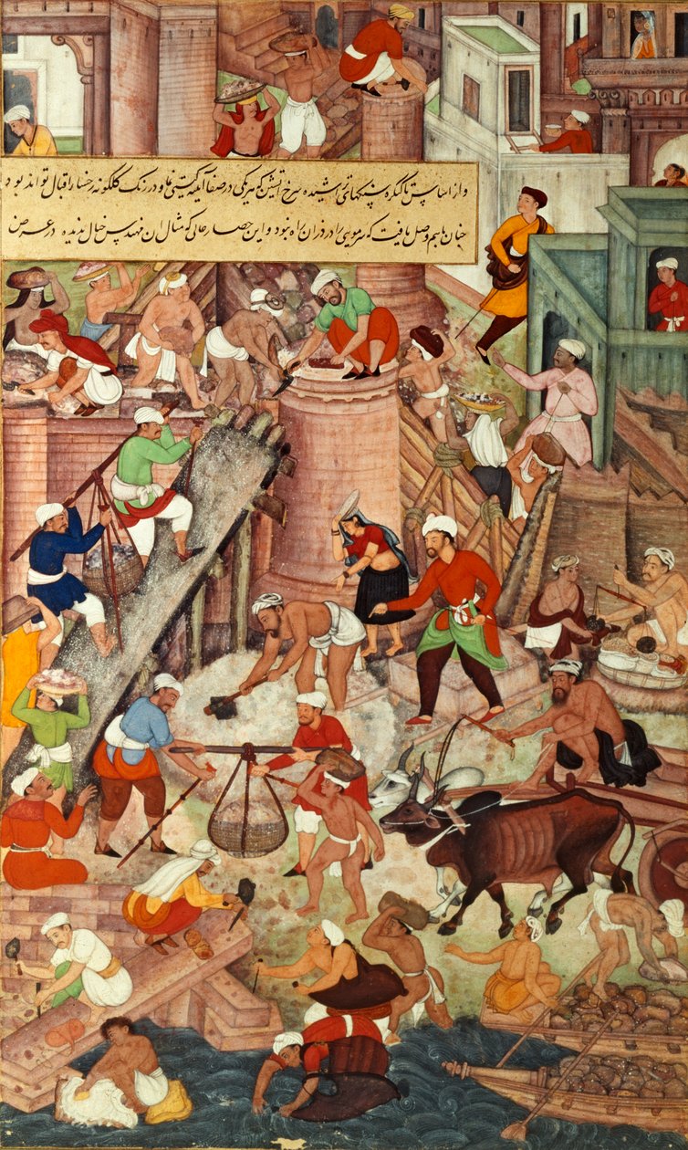 Forte Vermelho em Agra durante a construção, do "Akbarnama", Mughal de Mughal School