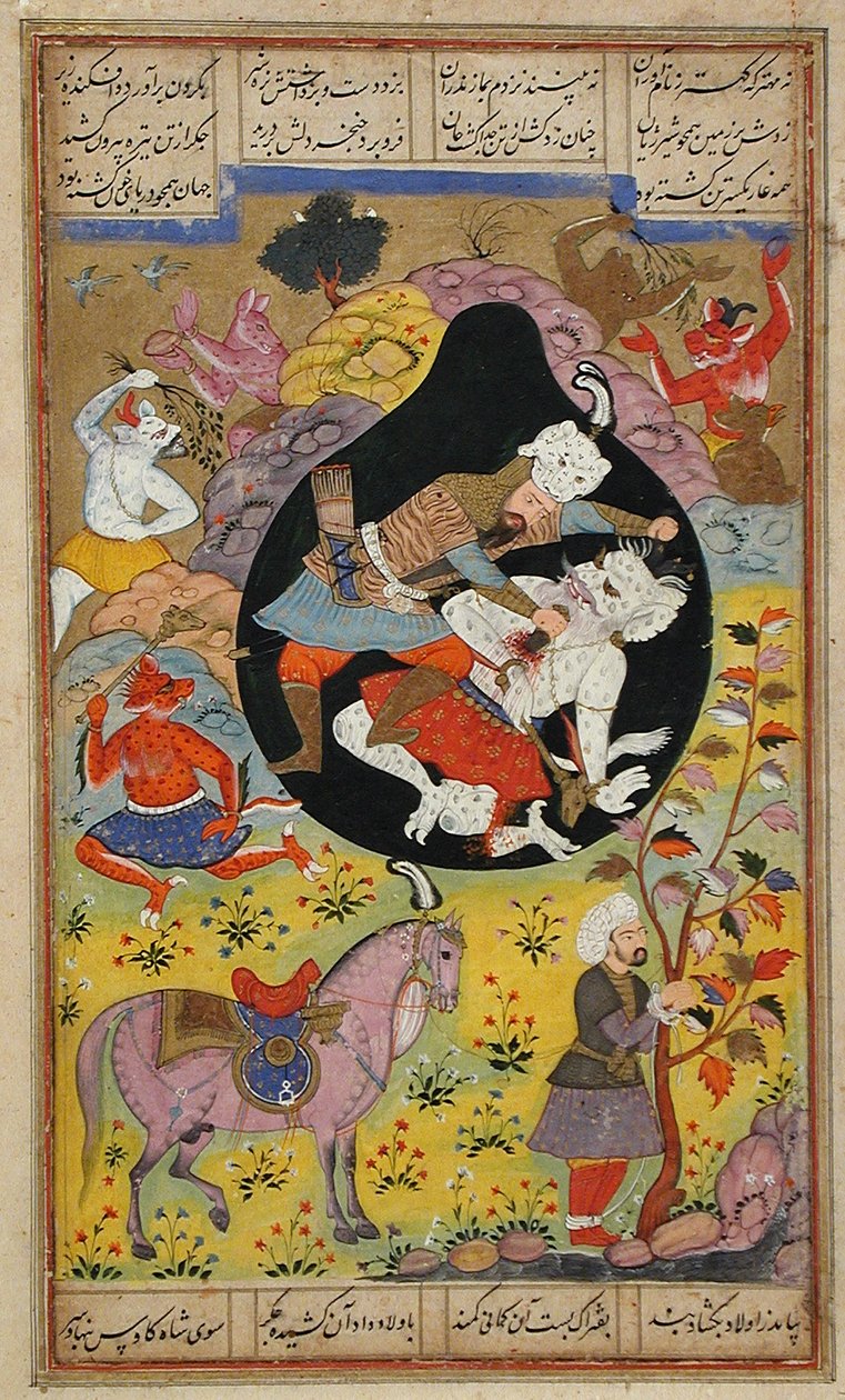 Rustam mata o Div Branco, 1608 de Mughal School
