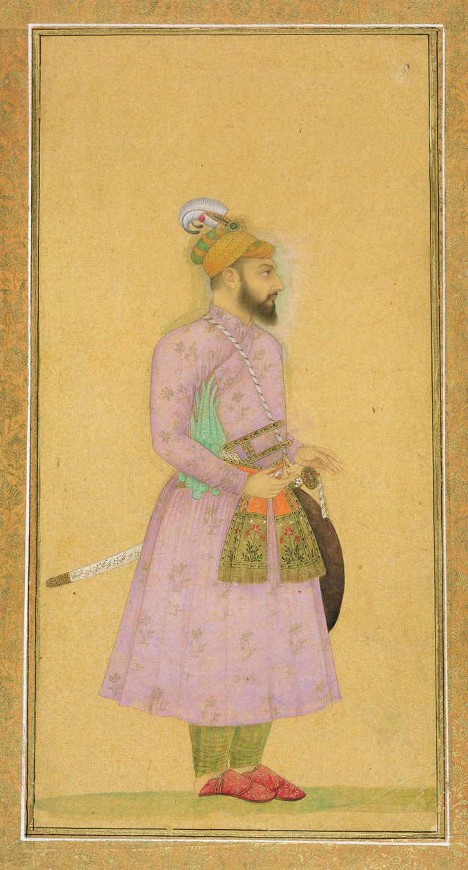 Figura em pé de um príncipe mogol, do álbum Small Clive, c.1630-40 (guache e wc no papel) de Mughal School