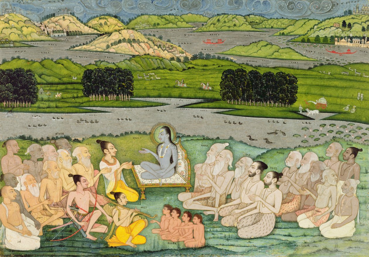 O sábio Shuku Deva se dirigindo ao rei Parikshit e um grupo de Sadhus, c.1760, de Mughal School