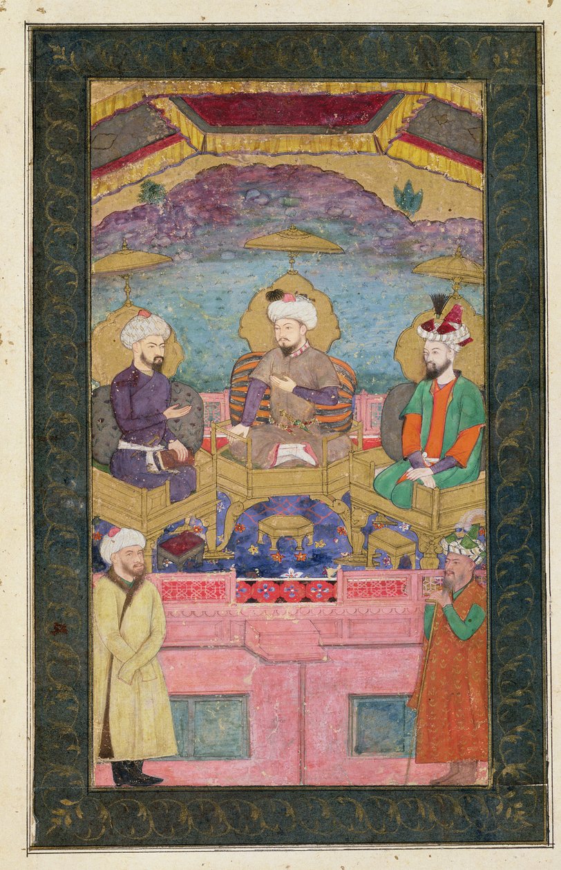 Timur (1336-1405), Babur (1483-1530, r.1526-30) e Humayan (1508-56, r.1530-56) entronizaram juntos, do Álbum de Clive Grande, de um c17th original de Mughal School