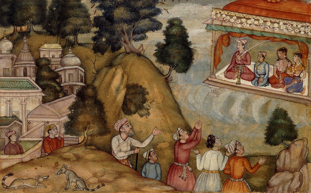 Aldeões homenageando um homem e sua família sentados em uma varanda com guirlanda, c.1585 de Mughal School