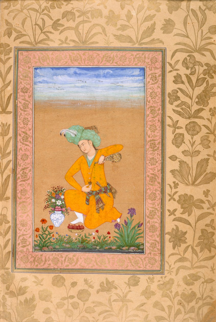 Um príncipe vestido com traje de estilo persa servindo vinho de Muhammad Khan