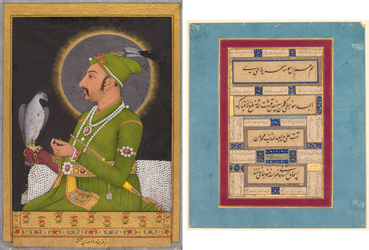 Retrato póstumo do imperador mogol Muhammad Shah (reinou 1719-1748) segurando um falcão (reto); Caligrafia (verso) de Muhammad Rizavi Hindi