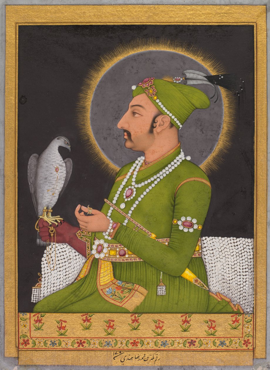 Retrato póstumo do imperador mogol Muhammad Shah (reinou 1719-1748) segurando um falcão (reto) de Muhammad Rizavi Hindi