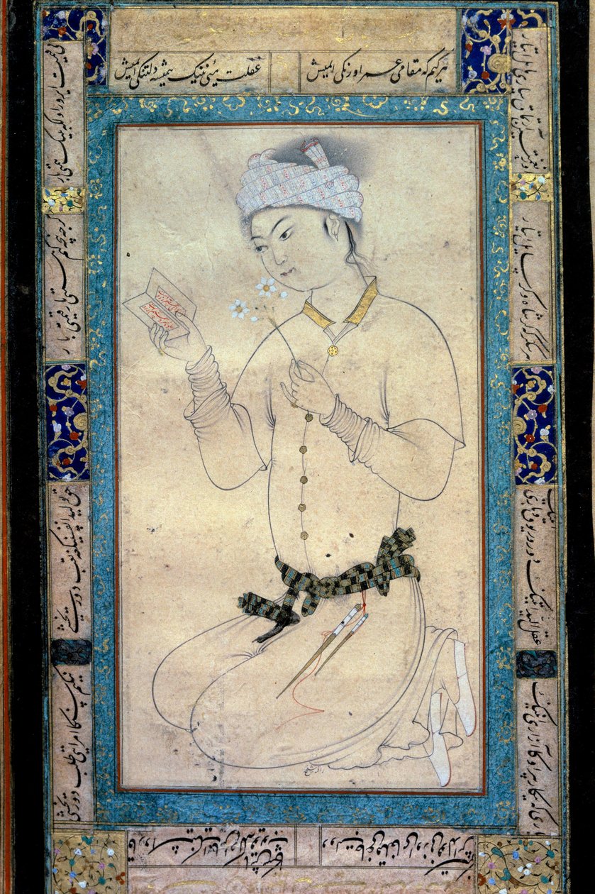 Um jovem com livros e narcisos miniatura persa na guache de Muhammad Shaykh de Muhammad Shaykh