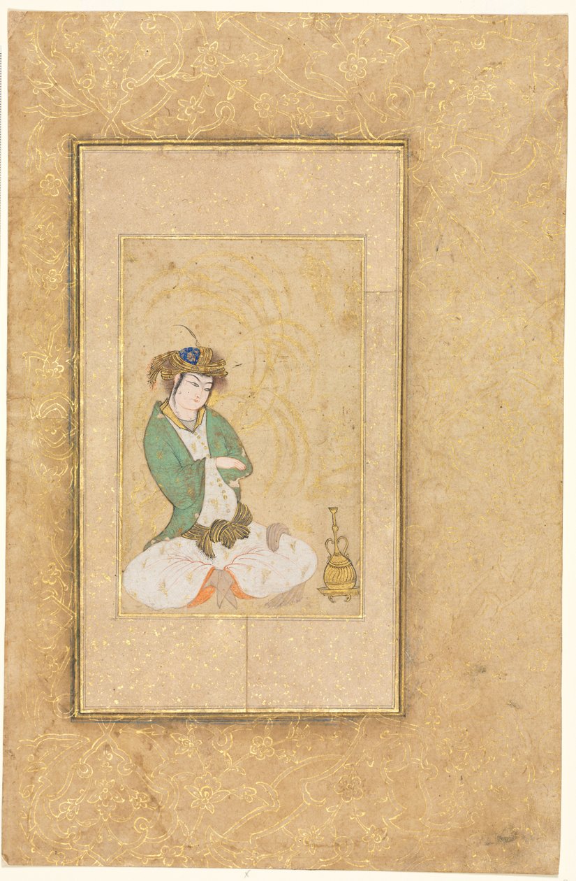 Juventude sentada por um salgueiro, ilustração de página única, c. 1600-1650. de Muhammad Yusuf
