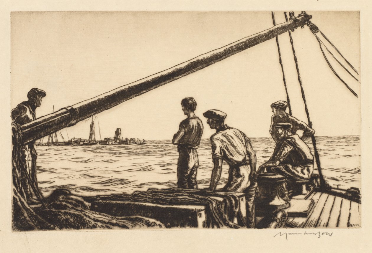 Homens de salvamento aproximam-se de um navio torpedeado de Muirhead Bone