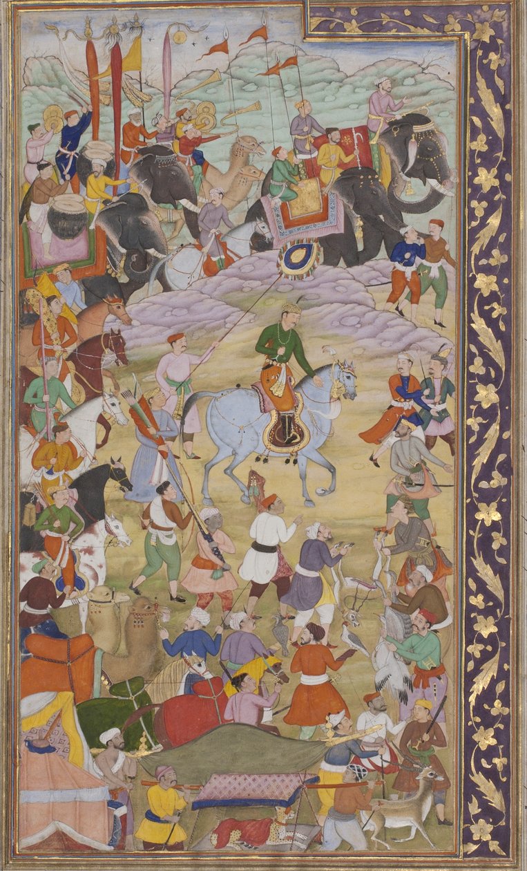 O imperador Akbar caça em Sanganer a caminho de Gujarat, 1600-10 (wc opaco e ouro sobre papel) de Mukund