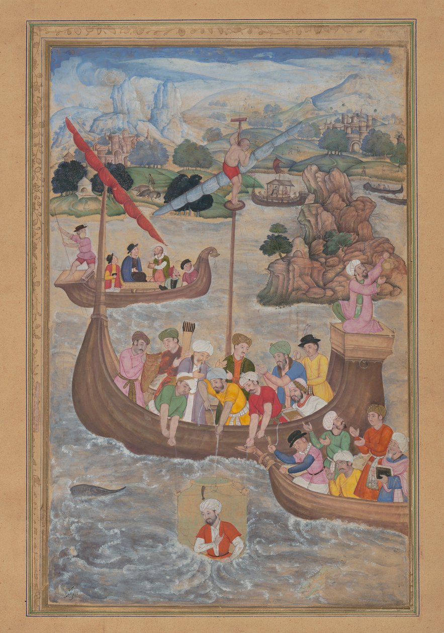 Alexander é abaixado no mar, Folio de um Khamsa Quintet de Amir Khusrau..., 1597-98. de Mukund