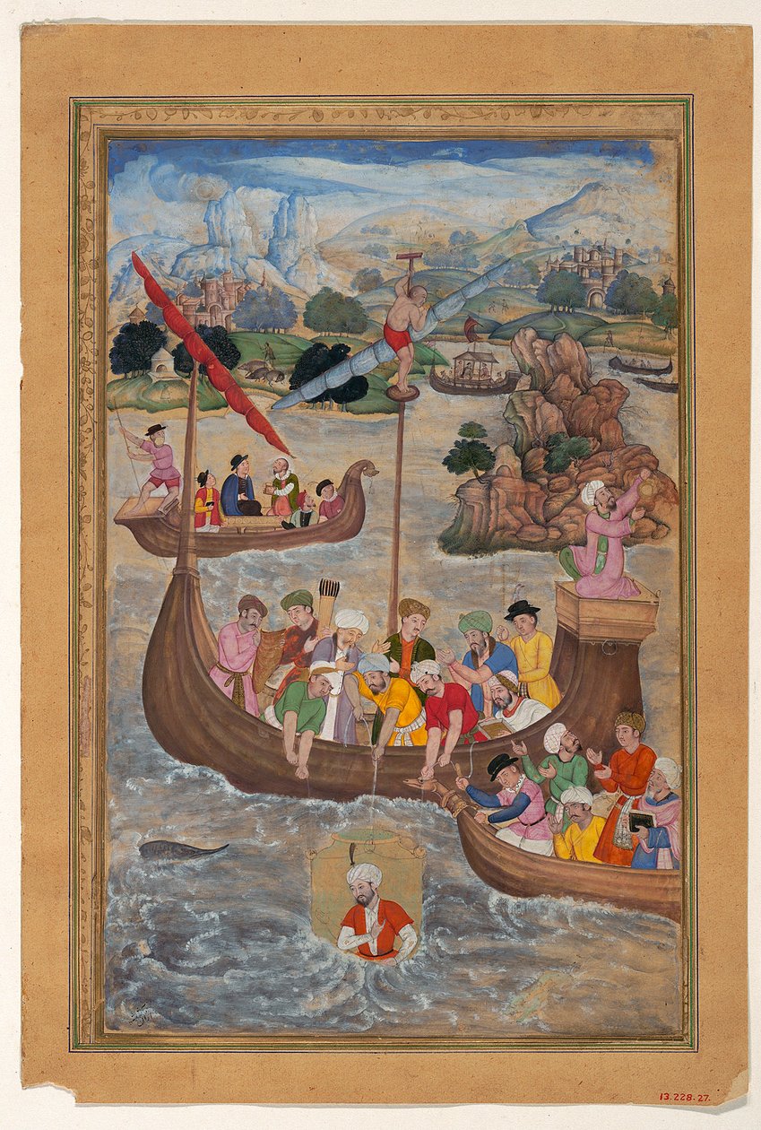 Alexander baixou para o mar em um sino de mergulho, 1597-8 (tinta, aquarela e ouro sobre papel) de Mukunda attr. to Mukunda attr. to