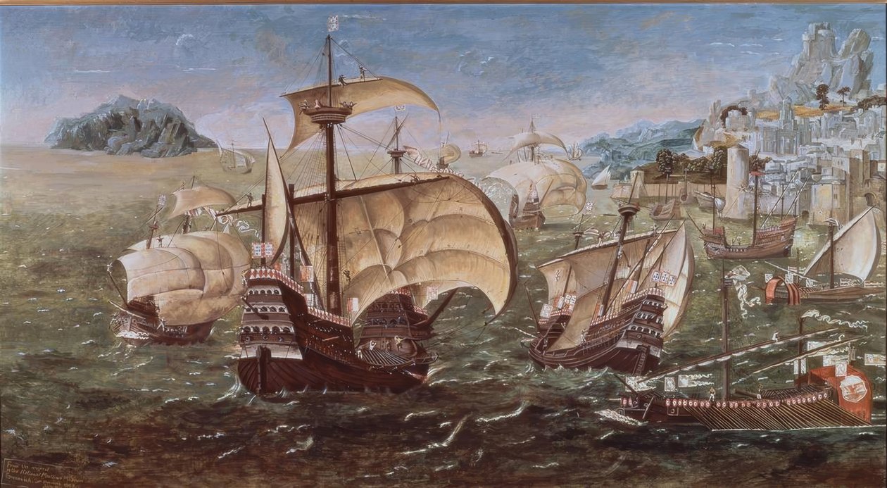 NAVIOS PORTUGUESES NUMA COSTA ROCHOSA - SÉCULO XVI -O / L - 78 × 144 - CÓPIA DO ORIGINAL DO MUSEU DE GREENWICH de Munday John